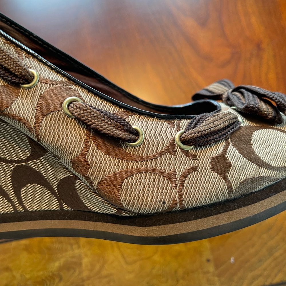 Coach Brown Signature Canvas Wedge Sandals - Picture 2 of 12